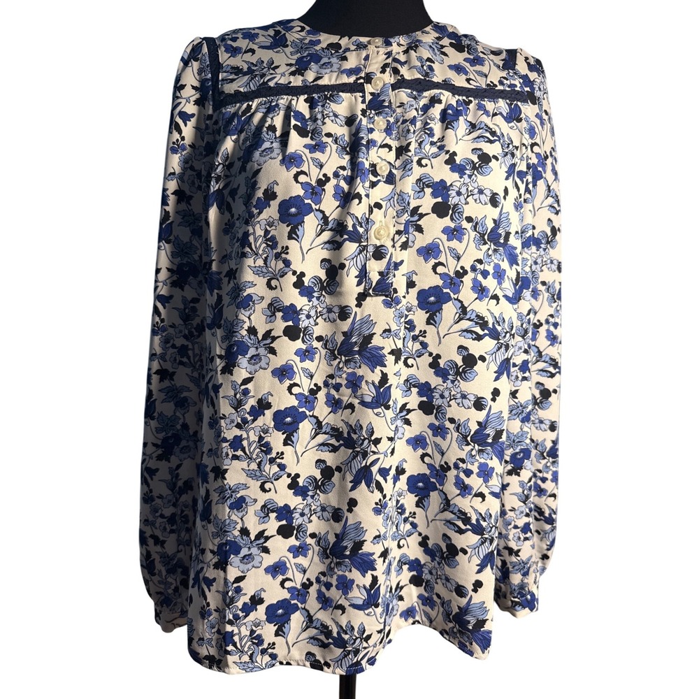 Talbots Petite Blue Floral Button Front Henley Blouse with Lace Trim MP